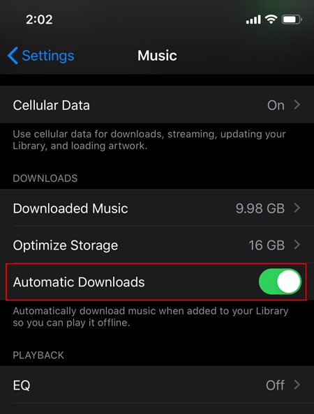 Descargas automáticas Apple Music Habilitar Alternar
