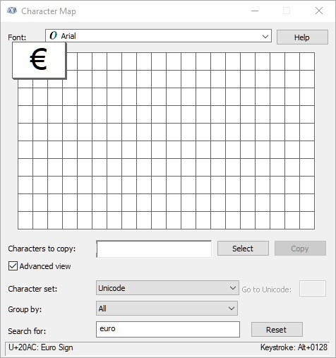 Tipo Caracteres especiales Mapa de caracteres de Windows Euro