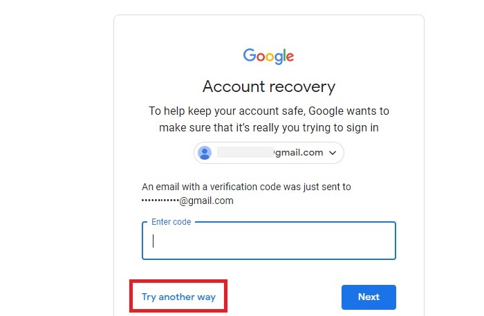 Recuperación de Google bloqueada Intente otra forma en lugar de verificación de correo electrónico