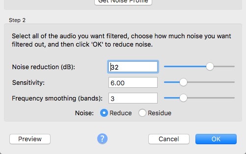 Opciones del panel de efectos de eliminación de ruido de Audacity