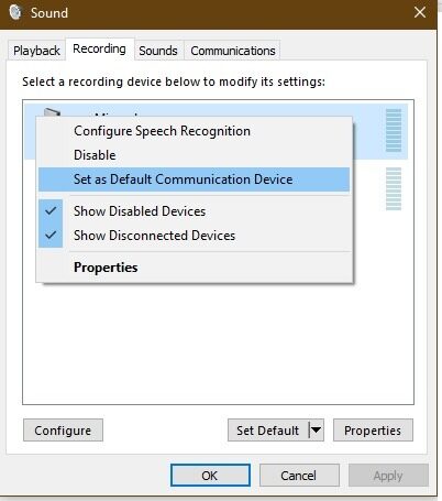 Microphone Not Working Windows10 Set As Default Communication Device