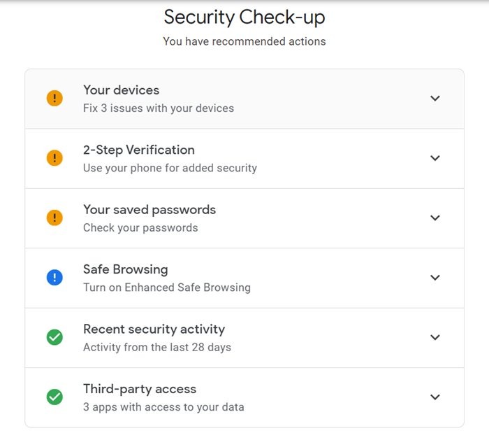 Comprobación de seguridad de la cuenta de Google