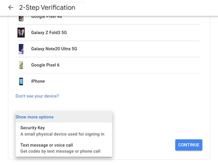 Cuenta de Google Verificación en 2 pasos Más opciones
