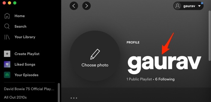 Menú Editar nombre de perfil de Spotify