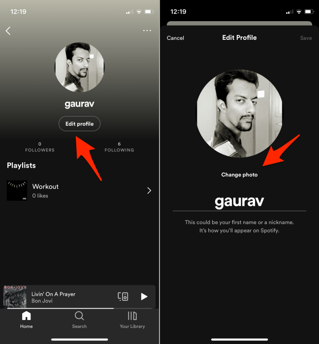 Menú de perfil de edición móvil de Spotify