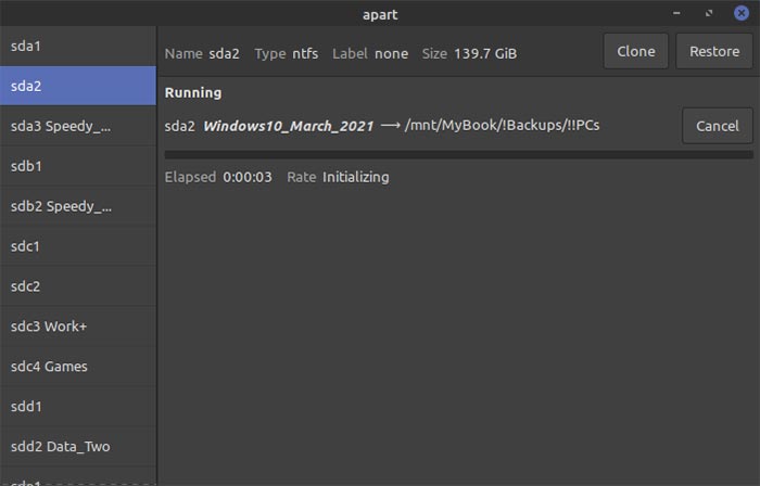 Copia de seguridad de particiones en Ubuntu con Apart Gtk Backup ejecutándose