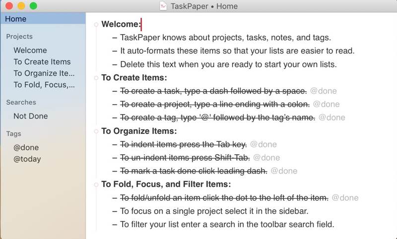 Introducción a la pantalla de introducción de Taskpaper