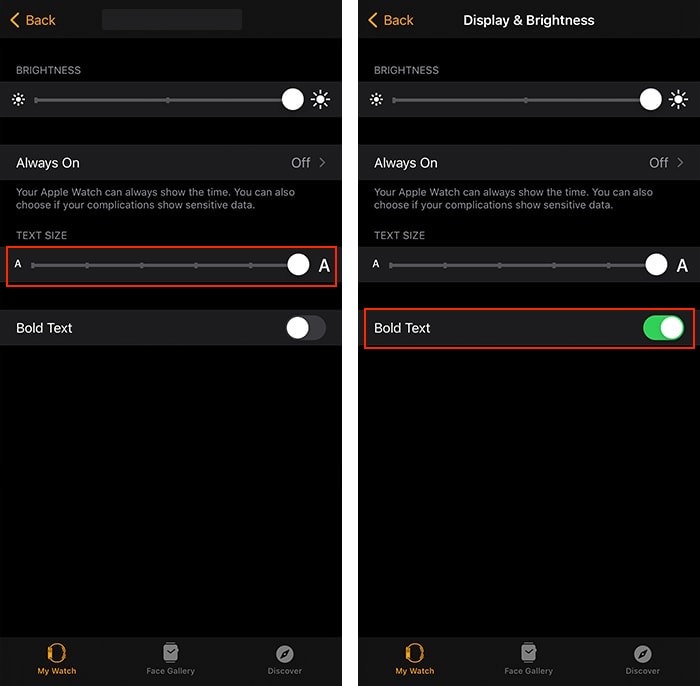 Control deslizante de personalización del tamaño del texto de Apple Watch en Iphone