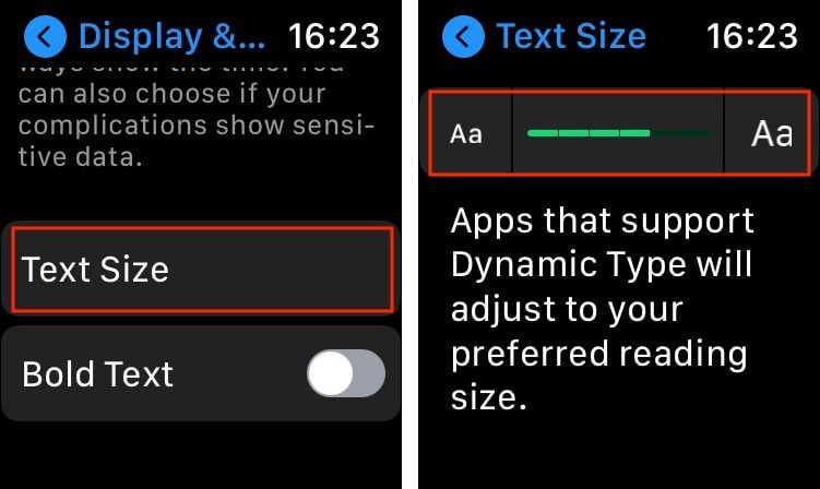 Aplicación de configuración del control deslizante de tamaño de texto de Apple Watch