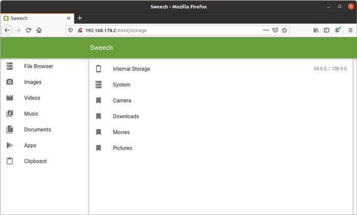 Ubuntu Android Wifi Filesharing Sweech en navegador de PC
