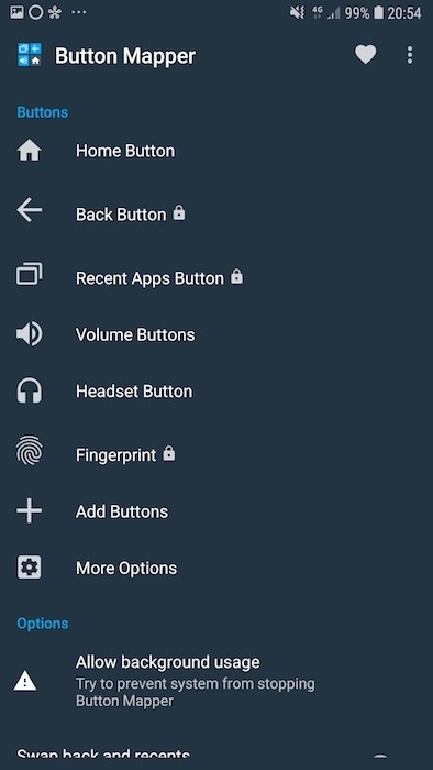 Button Mapper muestra todos los botones que están presentes en su dispositivo Android. 