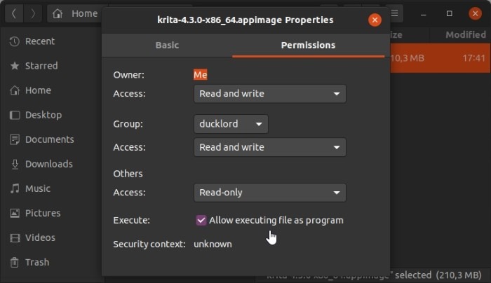 Instalar la última versión de Krita en Ubuntu Permitir la ejecución como programa