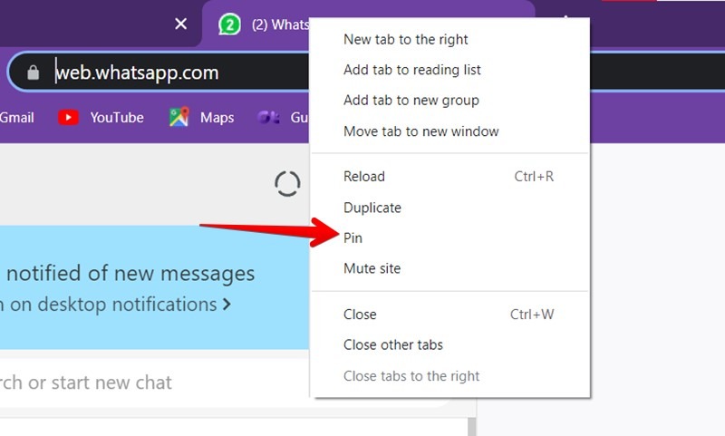 Para ahorrar espacio en la barra de pestañas, puede anclar la pestaña Web de WhatsApp.  Eso lo hará siempre accesible.  Simplemente haga clic derecho en la pestaña Web de WhatsApp en Chrome y seleccione 