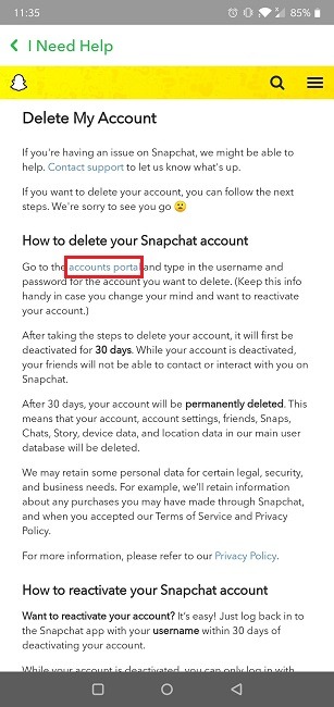 Cómo eliminar el portal de cuentas de la aplicación móvil de Snapchat