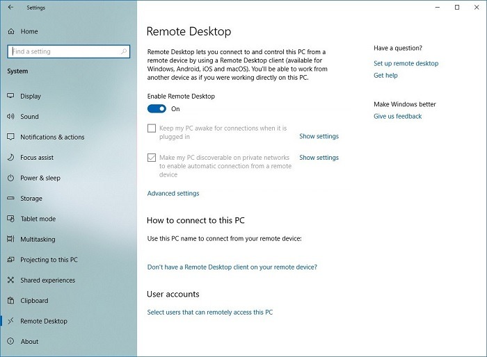 Configuración de escritorio remoto de Microsoft Rd 1