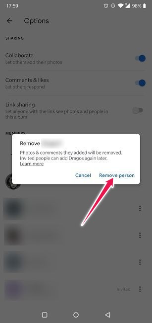 Deshabilitar el uso compartido de enlaces Google Photos Android Confirmar eliminación