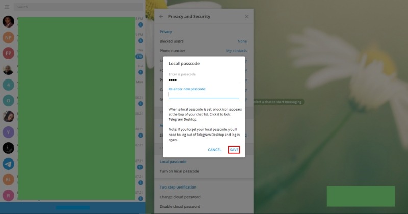 Bloqueo de contraseña de Telegram Introduzca la contraseña Haga clic en Guardar