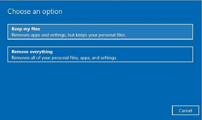 Uso de la opción de nube de restablecimiento de fábrica de Windows 10 Conservar archivos