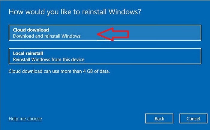 Uso de la opción de nube de restablecimiento de fábrica de Windows 10 Descarga en la nube