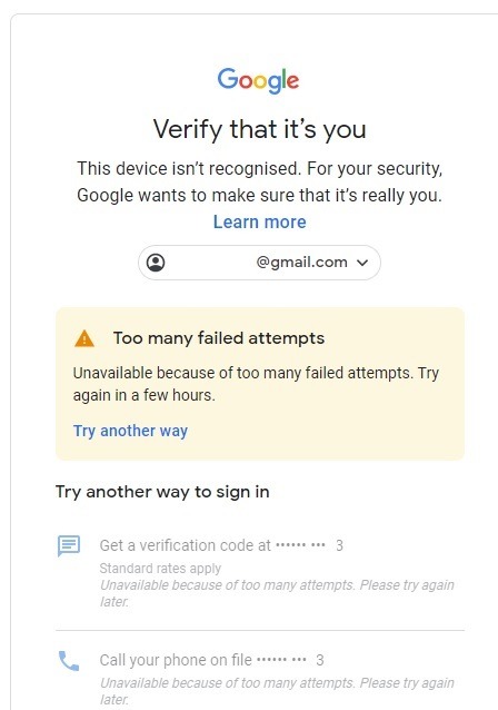 Pantalla de falla de demasiados intentos de Gmail
