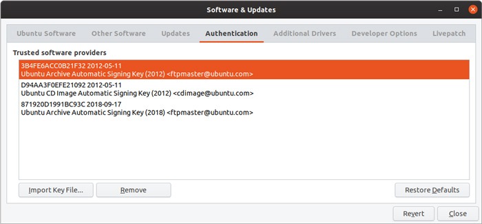 Lista de claves de administración de interfaz gráfica de usuario del repositorio de Ubuntu