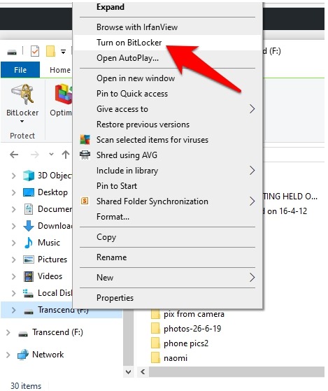 Cifrar unidad USB Unidad de Windows 10 Administrar Bitlocker Haga clic con el botón derecho en Activar