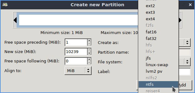 Configuración de partición de formato Ntfs de Linux