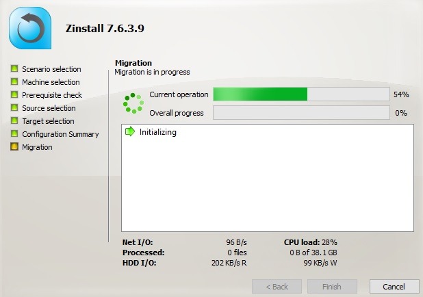 Migración de Zinstall en progreso entre PC