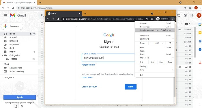 Gmail Gestión múltiple Modo incógnito Chrome