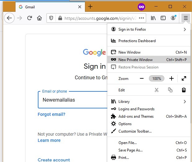 Ventana privada de administración múltiple de Gmail Firefox