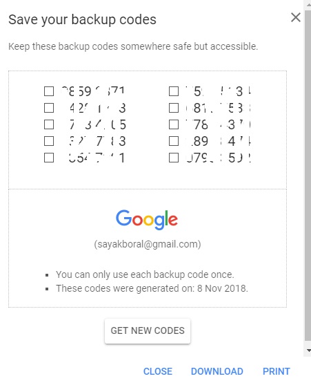 Códigos de respaldo en la cuenta de Google