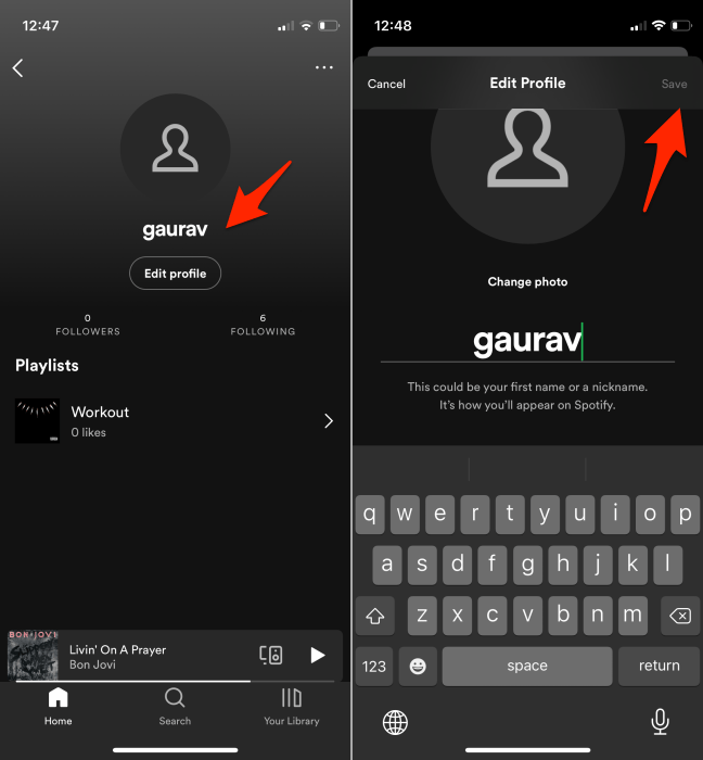 Menú de cambio de nombre de Spotify Mobile