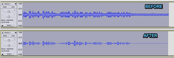 Efecto de eliminación de ruido de Audacity antes y después de la forma de onda