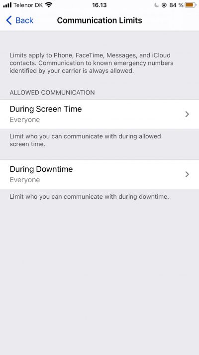 Captura de pantalla que muestra los límites de comunicación de Screen Time