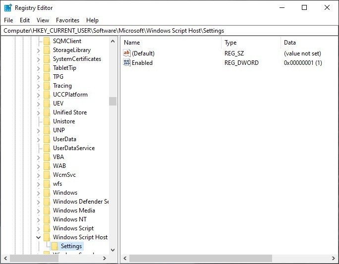 Configuración de registro de host de Windows Script habilitada