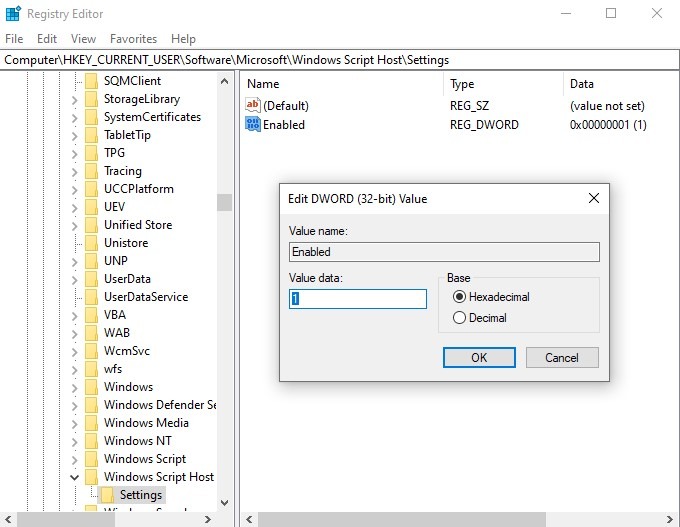 Valor habilitado de la configuración del registro del host de Windows Script