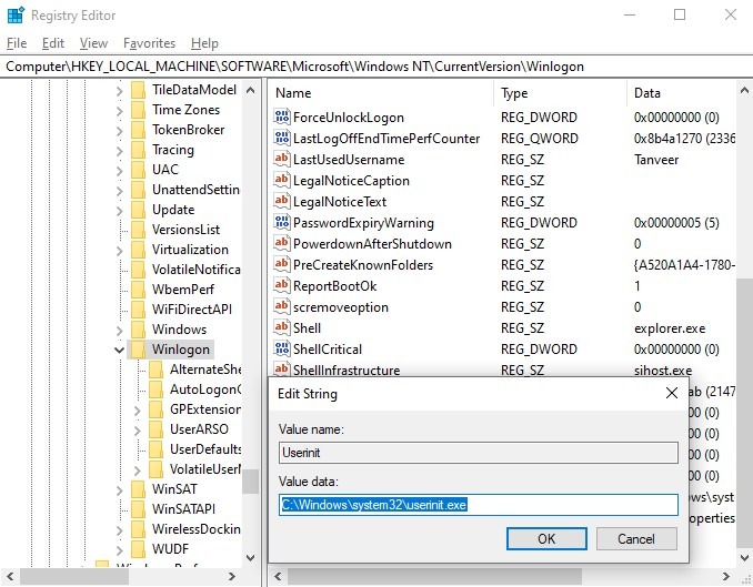 Valor de inicio de usuario del registro de host de secuencias de comandos de Windows