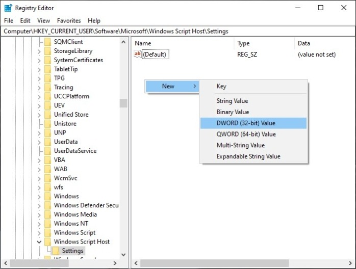 Configuración de registro de host de Windows Script Crear Habilitado 1
