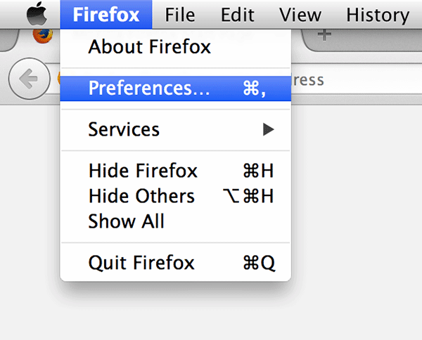 Haga clic en 'Firefox' en la esquina superior izquierda seguido de 'Preferencias...'