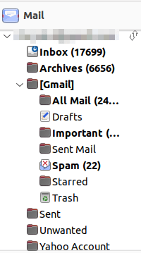 Una captura de pantalla de un directorio de correo de GMail en un cliente sin conexión.