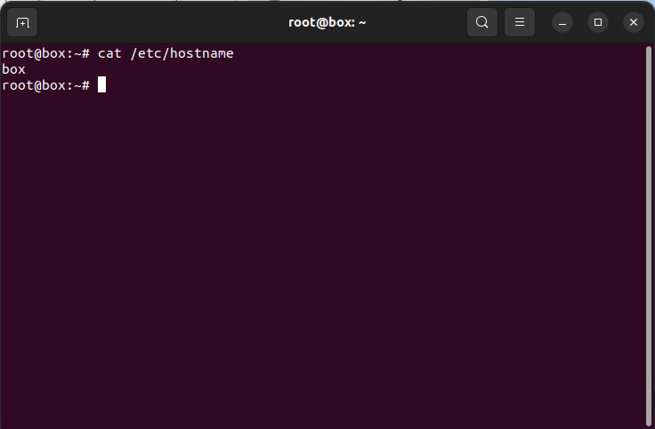 Una ventana de terminal que muestra el contenido de /etc/hostname.