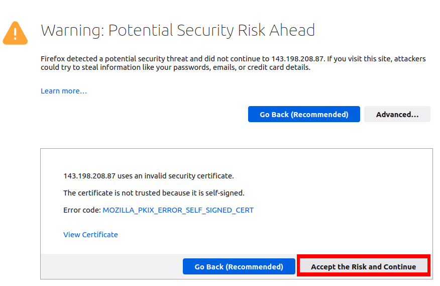 Una captura de pantalla que muestra el error del certificado autofirmado en Firefox.