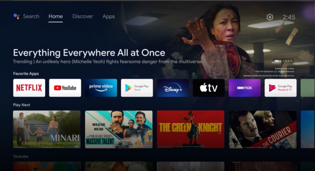 Appearance of Android TV homescreen with all the apps visible. 