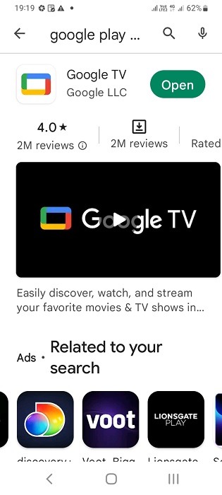 App of Google TV visible on Google Play of an Android smartphone.