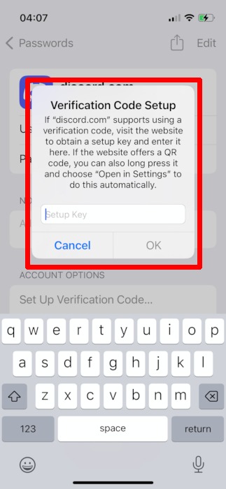 Clave de pegado de contraseñas de configuración de iOS