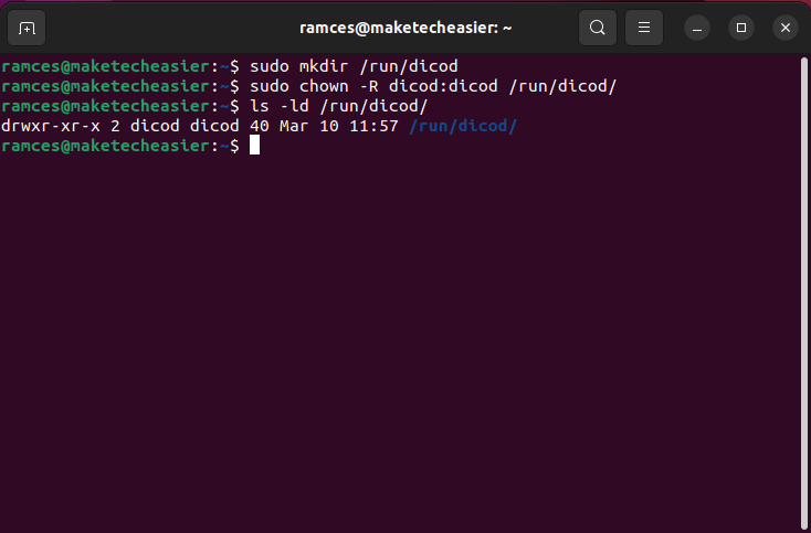 Una ventana de terminal que muestra el archivo /run/dicod con los permisos adecuados.