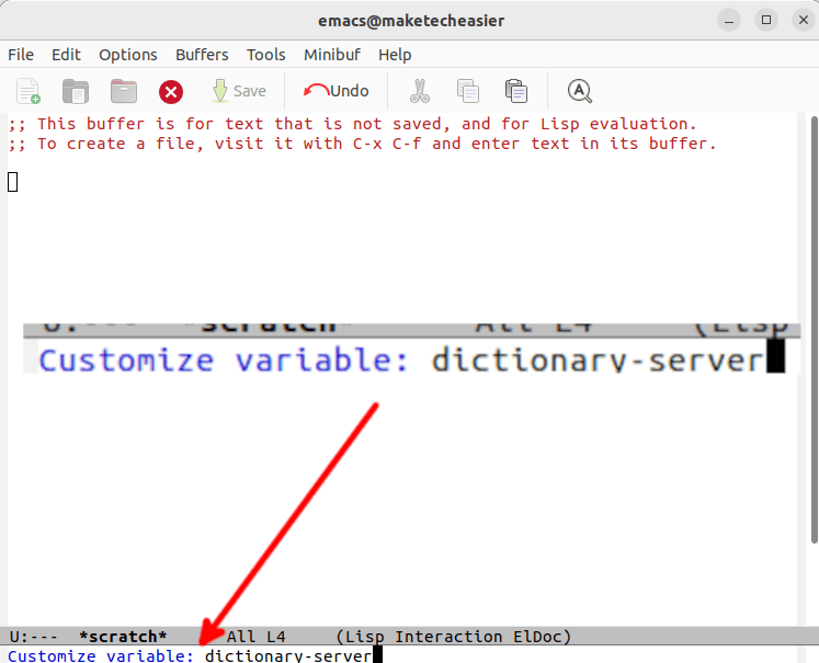 Una ventana de Emacs que muestra cómo personalizar la variable del servidor de diccionario.