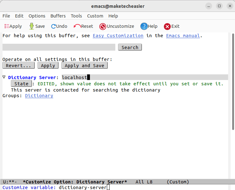 Una ventana de Emacs que muestra la nueva variable localhost para dictionary.el.