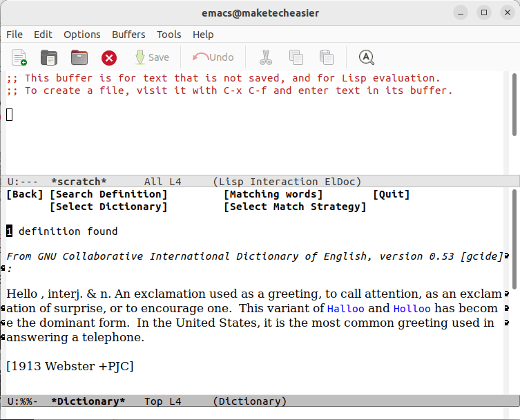 Una ventana de Emacs que muestra una definición de ejemplo desde dentro de Emacs. 