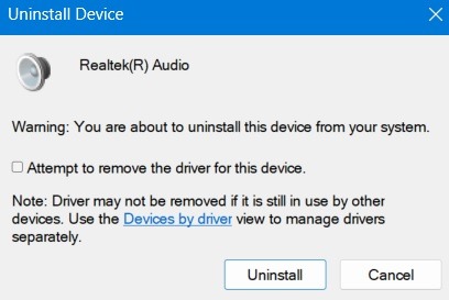 Mensaje de advertencia antes de intentar desinstalar el controlador de sonido en Windows 11.